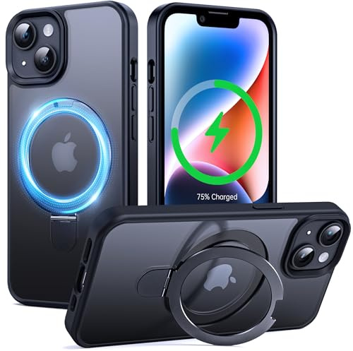 Supdeal Custodia Magnetic Supporto per iPhone 13/14 on Anello Kickstand Invisibile [Compatible with MagSafe] [Protezione Militare Anticaduta] Antishock Glassato Case Cover, 6,1, Nero