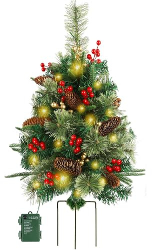 Holiday Planter, Prelit Christmas Holiday Planter with Lights, Outdoor Christmas Tree Decor, Faux Outdoor Planter Filler, Outdoor Christmas Urn Filler with Cones & Red Berries (30 in/77cm,1 pc)