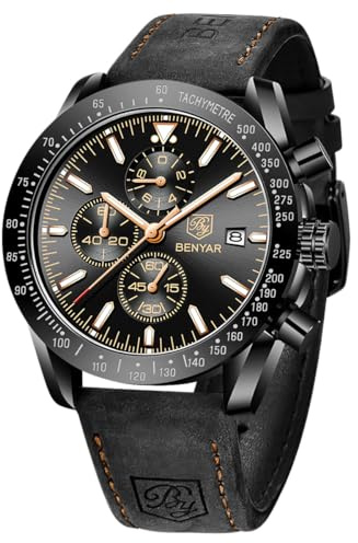 BENYAR BY herrenuhr Braun Leder Strap Quarz Chronograph Uhr Männer Datum Kalender Wasserdicht Armbanduhr Herren Sport mit Blau/Schwarz Zifferblatt