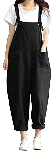 Jacansi Women Loose Overall Strap Sleeveless Long Playsuit Jumpsuit with Pockets Black 4XL