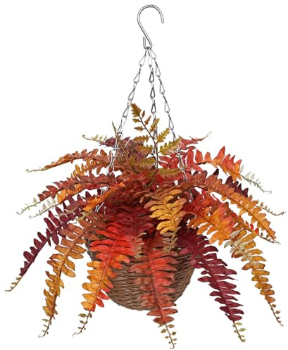 Briful Künstliche Hängepflanze Boston Farn Herbstdeko– 2 Stilvarianten – ca. 47 cm – Hängende Dekopflanze Kunstpflanzen Hängefarn im Korb für Innen & Überdachten Balkon Herbstdekoration