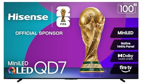 Hisense 100 Class QD7 Series Mini-LED 4K UHD Smart Fire TV (100QD7QF, 2025 Model) - QLED, 144hz, HDR10+, Dolby Vision, Dolby Atmos, Game Mode Pro, ALLM, Alexa Built in with Voice Remote, Black