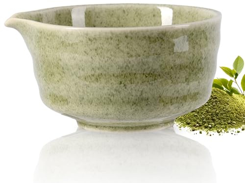 CAMATET Matcha Bowl with Spout, 500 ml/18 oz Ceramic Matcha Mixing Bowl, Japanese Ceremonial Matcha Chawan for Matcha Powder/Salad/Fruit/Soup/Tea - Wave Style Matcha Bowl
