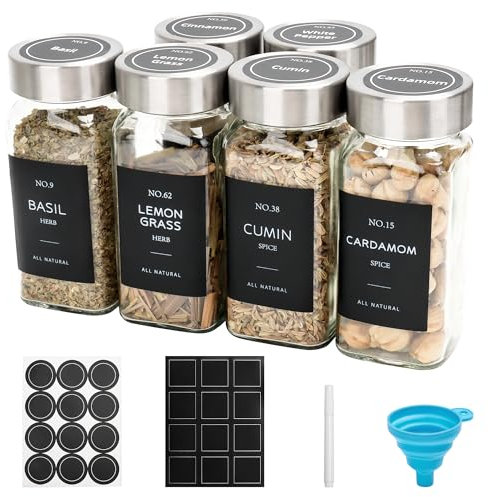 OHHLIHOME 6 Pcs Glass Spice Jars with Lids, 4oz spice jars with label, seasoning containers Set, Comes with spice bottle caps, Silicone Collapsible Funnel,chalk, for Spice Rack, Cabinet, Drawer