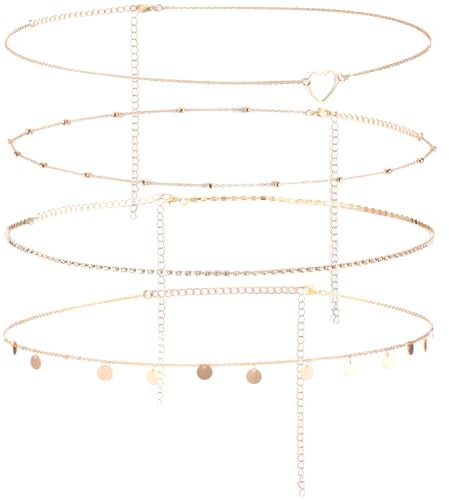 HJZHII 4 Stück Bauchkette Gold,Belly Chain,Verstellbar Bauch Kette Körperkette Waist Beads Körperketten Taillenkette Belly Waist Chain Set für Frauen Mädchen Bikini Quaste(Gold)