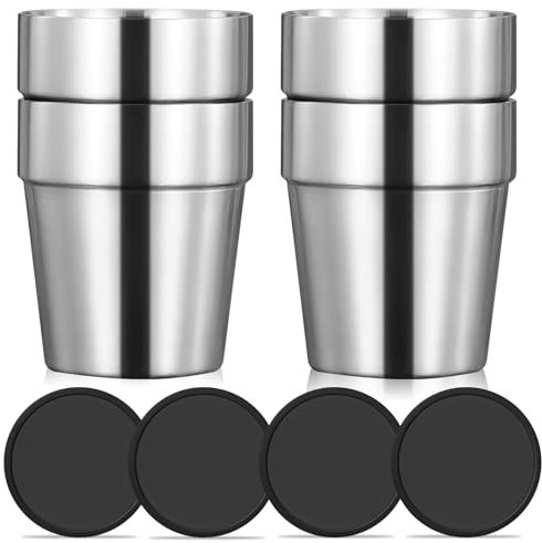 Juego de 4 tazas de acero inoxidable de doble pared + Coaster de silicona, tazas de café apilables, tazas de café, tazas de té, vasos de cerveza para casa, fiestas o camping, 175 ml
