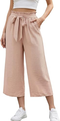 YUTILA Damen Culotte Hose 7/8 Weites Bein Viskose Leichte Sommerhose mit Gummibund & Bindegürtel, Locker Luftig Freizeit Strandhose mit Taschen