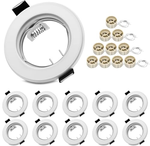 Round White Recessed Ceiling Downlight Frames with GU10 Sockets, 55-70mm Cut-Out Hole Size, Compatible with LED & Halogen Bulbs, Mounting Frame for Spotlight Fixtures (Bulbs Excluded) - 10 Pack