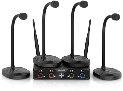 MELONARE 4-Channel Wireless Conference Microphone System, UHF Compact Cordless Mic Set w/ 4x10 Frequencies, 200ft Range, 4 Gooseneck Mics for Lecture, Church, Conference, Public Speaking (MWM-41-4G)