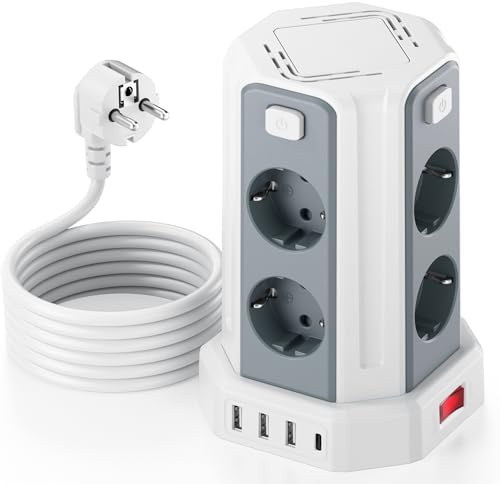 8 Fach Steckdosenleiste 4 einzeln schaltbar 3 M Mehrfachsteckdose mit 4 USB | Verlängerungskabel mit Mehrfachstecker Verteilersteckdose Steckdosenwürfel,Steckdosenturm Steckerleiste für Zuhause Büro