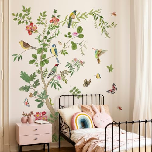 Runtoo Großer Baumzweig-Wandaufkleber, Vintage-Blumenpflanzen, Vögel, Wandkunst-Aufkleber für Badezimmer, Wohnzimmer, Schlafzimmer, Kinderzimmer