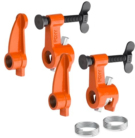 PONY Original Deep-Reach Pipe Clamp Fixture Set, 2 Pack 3/4″ Pipe Clamp Tools, 2.5″ Throat Depth, Reversible Spreader Heads, Multi-Disc Clutch for Woodworking, Carpentry, DIY