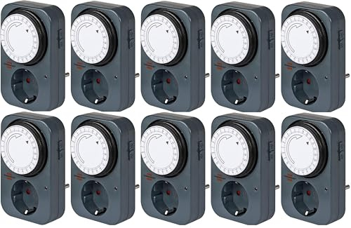 Brennenstuhl Zeitschaltuhr MZ 20, mechanische Timer-Steckdose (Tages-Zeitschaltuhr mit erhöhtem Berührungsschutz) grau (10 Stück)