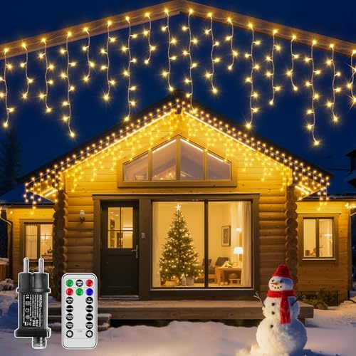 Hopexy Eisregen Lichterkette Außen 25 m 1000 LEDs Weihnachtsbeleuchtung Warmweiß, IP44 wasserdicht mit Stecker & Timer, 8 Modi – Perfekt für Innen, Balkon, Vorbau, Geländer & Weihnachten