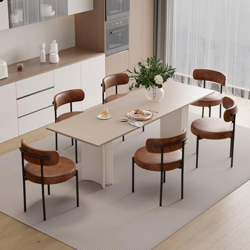 Hawthyhome Esszimmerstühle 6er Set PU Leather Gepolstert Stuhl Braun | Runde Boucle Esszimmerstuhl,Mid-Century Stühle Esszimmer mit Metallbeinen und Rückenlehne für Esszimmer,Wohnzimmer, Büro