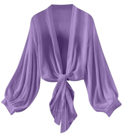 Flodxo Cardigan d'été en mousseline de soie pour femme - Boléro à nouer sur le devant - Manches longues - Kimono de plage ouvert sur le devant - Cardigan court de mariage - Veste légère, violet, S