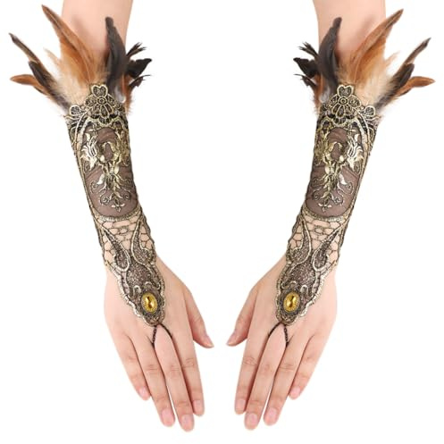 Feather Lace Gloves Womens Wrist Cuffs Mittens Halloween Costume Gothic Gloves Black Satin Opera Prom Gown Mittens for Evening Party Wedding Props