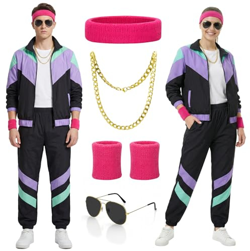 Alintor 80er 90er Jahre Outfit für Herren & Damen, Retro Trainingsanzug Jacke, Hose und Accessoire, 80s Tracksuit für Fasching, Karneval und Schlagerparty