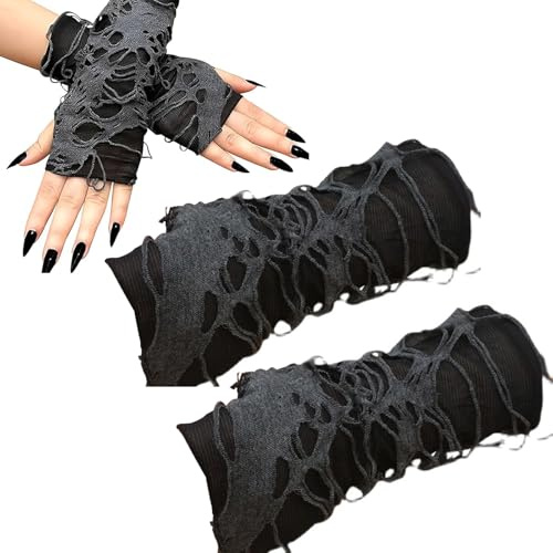 Gants Punks Dames Gants-Déchirés Classiques Noirs et Gris Grunge Sans Doigts Rock Rave Gant-Punk de Personnalité Cosplay Déguisement Carnaval Danse Hip-hop Punk Style pour Soirée à Thème Carnaval