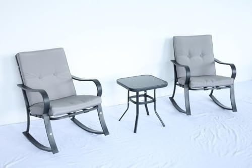 Acekool Juego de jardín de 3 piezas, juego de muebles de exterior con talar de metal, 2 mecedoras y mesa cuadrada, juego de bistró con 2 sillones, para jardín, patio y piscina