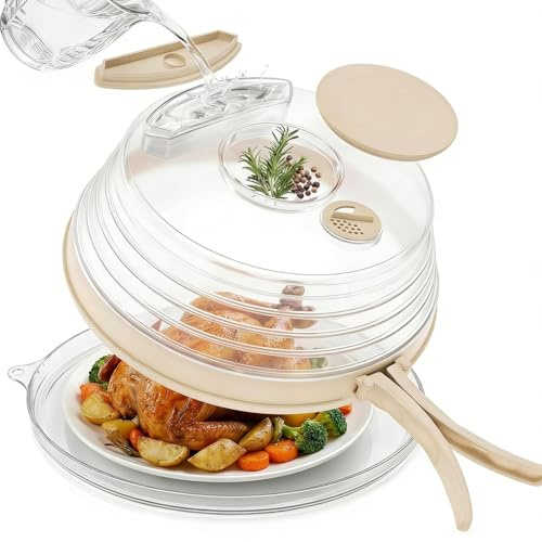 Microwave Splatter Cover with Base Plate and Water Steamer,Collapsible | Microwave food cover with handle and seasoning groove; clear, 100% food safe, BPA free, and ideal for housewarming gifts.