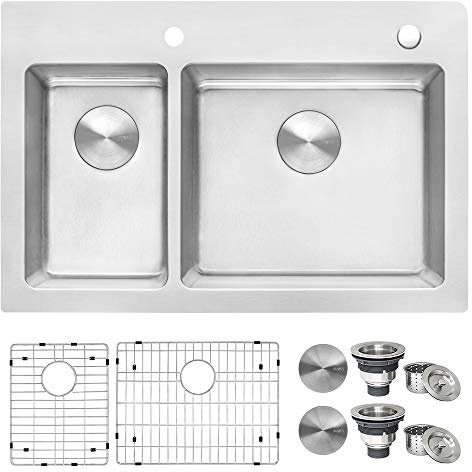 Ruvati 33 x 22 inch Drop-in Topmount Kitchen Sink - 16 Gauge Stainless Steel 30/70 Double Bowl Kitchen Sink with Brushed Finish hides scratches, Easy-to-Clean Drop-in kitchen Sink - RVM5176