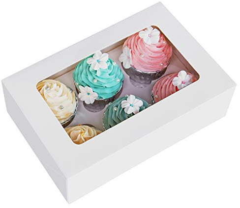 ONE MORE Cupcake Boxes with Inserts 6 Holders,9.5x6.3x3inch Large White Standard Bakery Boxes with Window Food Grade Cake Carrier Container for Muffins,Gift Treat Box Bulk,Pack of 15