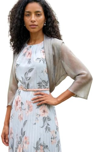 Roman Chiffon Bolero Shrug Jacket for Women UK - Ladies Ruched Hem Cover Up Smart Formal Mesh Wrap Shimmer Cropped Blazer Wedding Guests Cardigan Cardi Crease Free - Silver Grey - Size 16