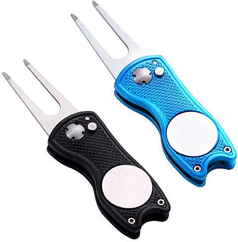 Yizerel 2 Pack Metal Foldable Golf Divot Tool with Pop-up Button & Magnetic Ball Marker (Pack of 2, Fish Design)