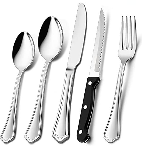 Cutlery Set, Herogo 30-Piece Cutlery Sets with Steak Knives, Stainless Steel Tableware Silverware for 6 People, Mirror Polished Knives Forks Spoons, Modern Pattern Design, Dishwasher Safe
