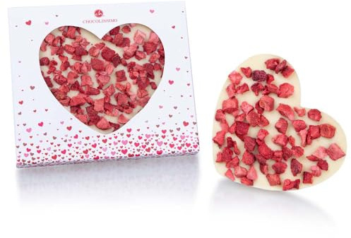 Coeur en chocolat blanc avec des morceaux de fraises séchées | Idée cadeau Saint Valentin | Tendance | Girly | Original | Femme | Nouveau | Nouveauté| Romantique