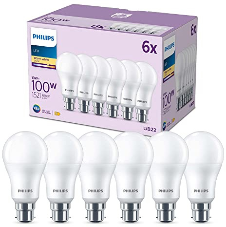 Philips Confezione da 6 lampadine LED satinate A60 [bianco caldo 2700 K – attacco a baionetta B22] 100 W, non dimmerabile, per illuminazione interna domestica