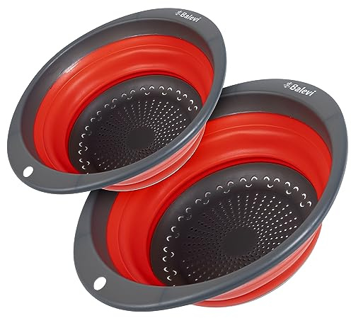 Balevi Collapsible Strainers for Kitchen - Collapsible Colander Set of 2 Made of Silicone - Collapsible Strainer with Little Pegs to Keep Food Elevated - Red 