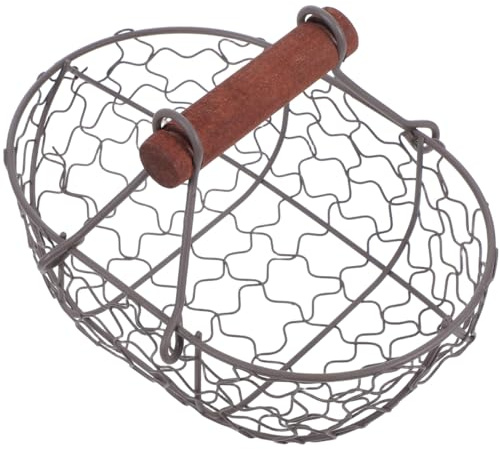 Zerodeko Egg Basket - Egg Collecting Basket Vintage Style Storage with Wooden Handle Round Metal Fruit Collecting Flower Arangment for Home Countertop Holder Container