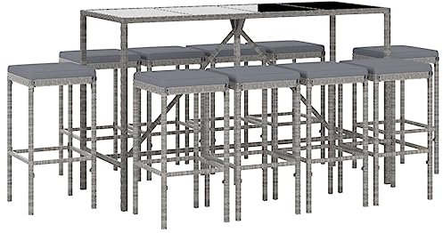 vidaXL Gartenbar Set 11-TLG., Gartenmöbel Bartisch 10 Barstühle, Stehtisch Barhocker für Garten Terrasse, Sitzgruppe Gartenset mit Kissen, Grau Poly Rattan