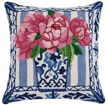 Peking Handicraft Pretty Petals 18 Square Hooked Wool Throw Pillow
