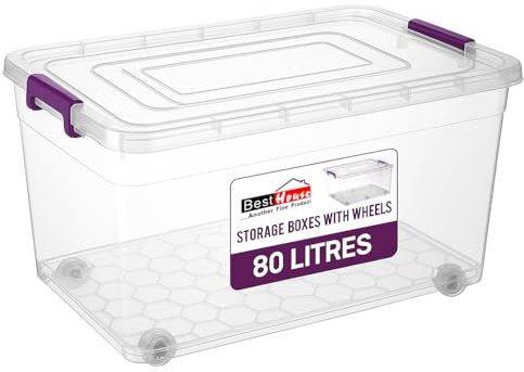 BH | 80L - Large Plastic Storage Box with Lids on Wheels | Pack of 1 | Heavy Duty | Stackable Clear Boxes |Containers Use for Home, office, Kitchen, Toys and Goods (80 Litres) - By BEST HOUSE