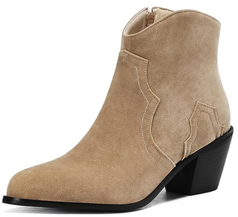 OALEEN Bottines Cowboy Femme Hiver Boots Talon Carré Western Effet Daim Bout Pointu Chaussures Beige 34