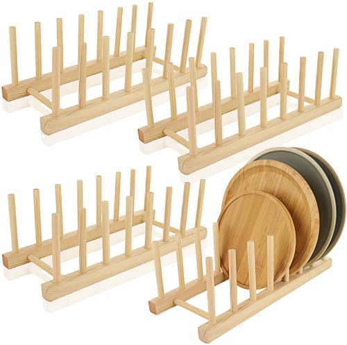 MUXHEL 4PCS Wooden Dish Rack, 7 Slots Bamboo Wooden Plate Rack for Cupboard, Plate Drainer Rack wooden plate organiser for Kitchen Cupboard, Bowl, Cup, Cutting Board