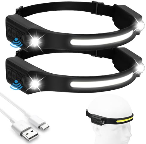 flintronic 2PCS Linterna Frontal led Recargable LED por USB, 5 Modos 600 Lúmenes Luz Frontal LED COB, IPX4 Linterna Frontal Liviana Impermeable de Gran Angular de 230 ° con Sensor de Movimiento