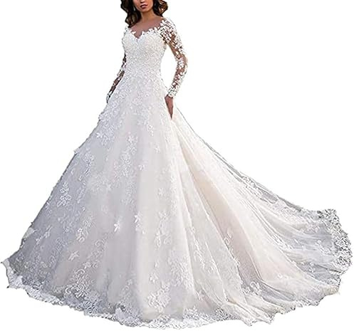 JAEDEN Damen Brautkleider Hochzeitskleider V-Ausschnitt Lange Ärmel Brautkleid Prinzessin Trauung Kleider Spitze Tüll Weiß 44