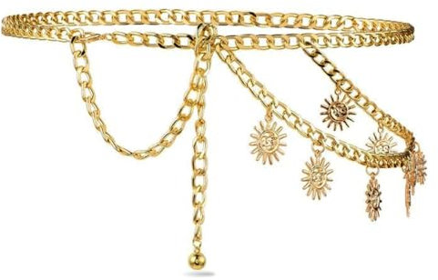 Kettengürtel Gold für Damen, Einstellbar Metall Taillenkette Sonnenanhänger Deko Taillengürtel Accessoires Damen Goldener Gürtel Gold Hüftkette