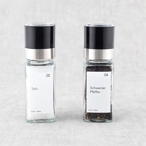 Hanseküche - Juego de molinillos de sal y pimienta con 8 etiquetas resistentes al agua - Mecanismo de cerámica ajustable - Molinillo de especias Duo para sal y pimienta gruesa- Juego compacto de