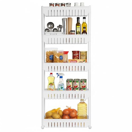 Crystals 3 or 5 Tier Storage Trolley Cart, Slim Rolling Utility Cart Mobile Storage Shelving Organizer for Kitchen, Bathroom, Laundry Room, Bedroom, Narrow Places, Plastic, White (5 Tier)