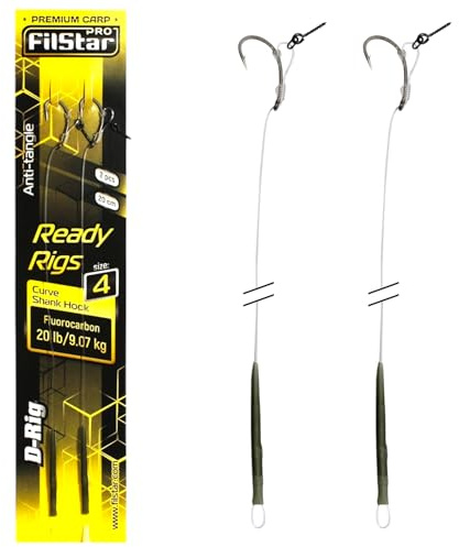 PRO FILSTAR Hameçon de pêche à la carpe D-Rig N4, bas de ligne fluorocarbone 20 cm 9 kg, Аnti gewangle Sleeve - Curve Shank Hook - Aiguille - Appât de pêche à la carpe - Appât Pop Up - Rig à cheveux -