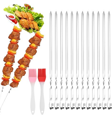 Lot de 20 brochettes de barbecue en acier inoxydable + 2 brosses, 30 cm, réutilisables, pour feu de camp ou barbecue
