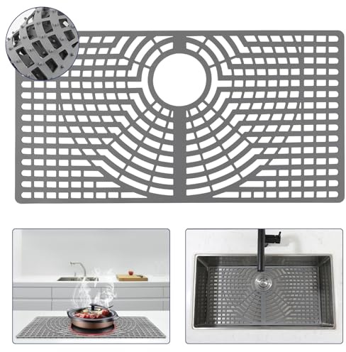 Snuggery Silicone Sink Protector 26“x14 Rear Drain Hole, Heat Resistant Non-Slip Dishwasher Suitable, Large Sink Mat for Bottom of Farmhouse Kitchen Stainless Steel Sinks(Grey