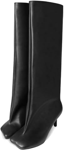 UBWDU Women's Knee High Boots Wide Calf Square Toe Stiletto Heels Tall Booties High Heel Long Boots Black PU Size 10