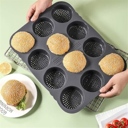 YUANGANG Silikon-Backform für Hamburgerbrötchen, 12 Mulden, antihaftbeschichtet, spülmaschinenfest, vielseitiges Kuchenblech für hausgemachte Burger, Brötchen, Muffins, Kuchen, Eier, 39,5 x 29 x 3 cm