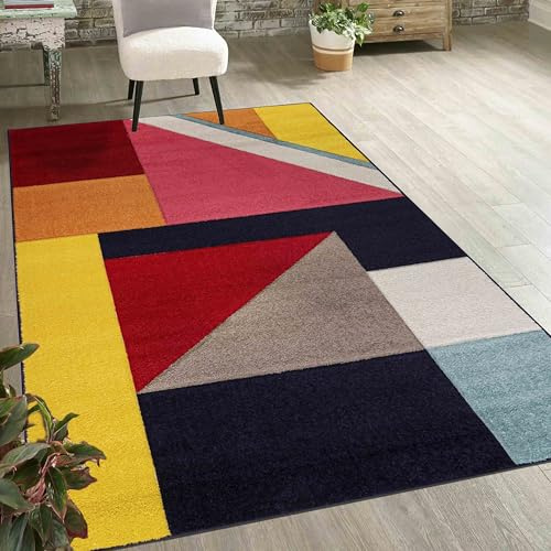 Mazovia Tapis multicolore moderne à poils courts et coloré avec motif géométrique, doux et facile d'entretien, pour le salon, certifié Oeko-Tex, bleu marine, rouge, 140 x 200 cm